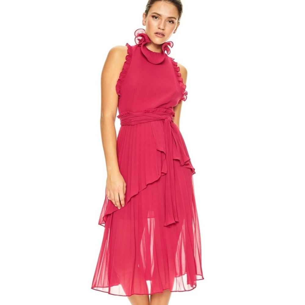 La Maison Talulah Women’s Jodi Ruffle High Neck Pleated Fuschia Midi Dress M